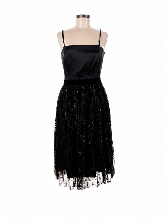 Tahari Arthur S Levine Dresses & Skirts - Tahari ASL Black Silk Sequin Tulle Midi Dress Size 6 Spaghetti Strap